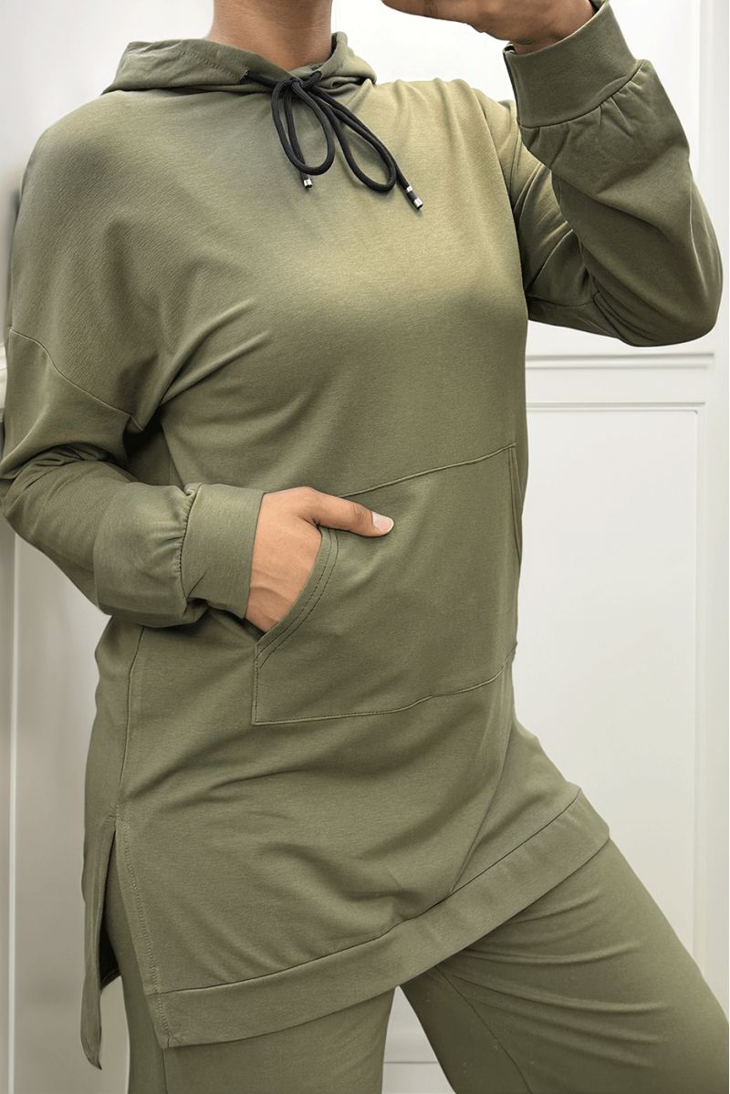 Long khaki hoodie with cotton pockets - 1
