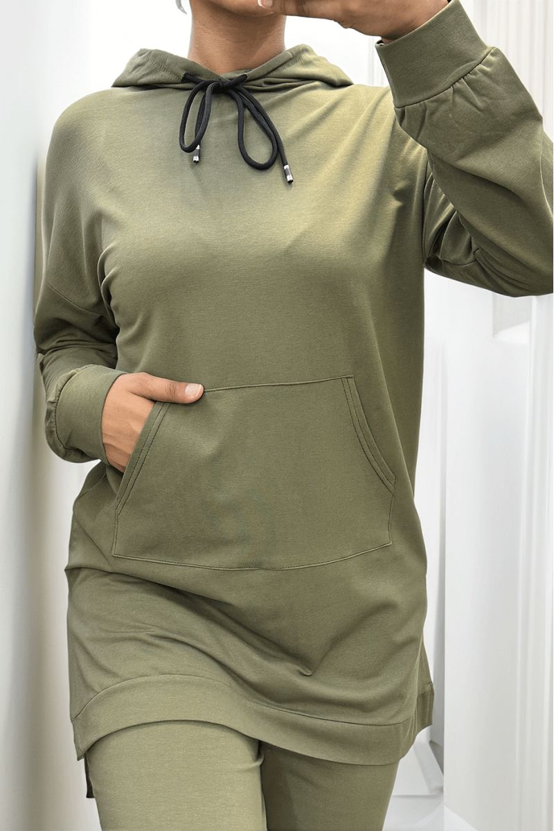 Long khaki hoodie with cotton pockets - 2