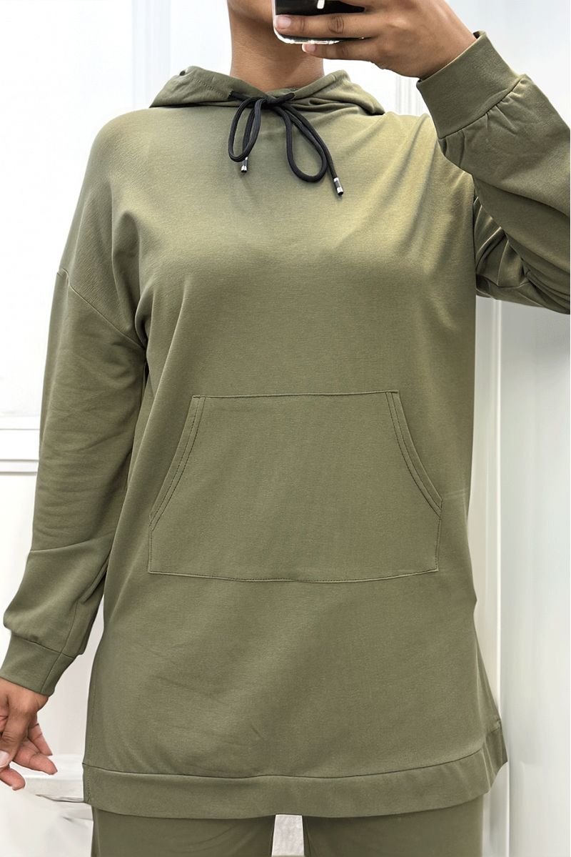 Long khaki hoodie with cotton pockets - 3