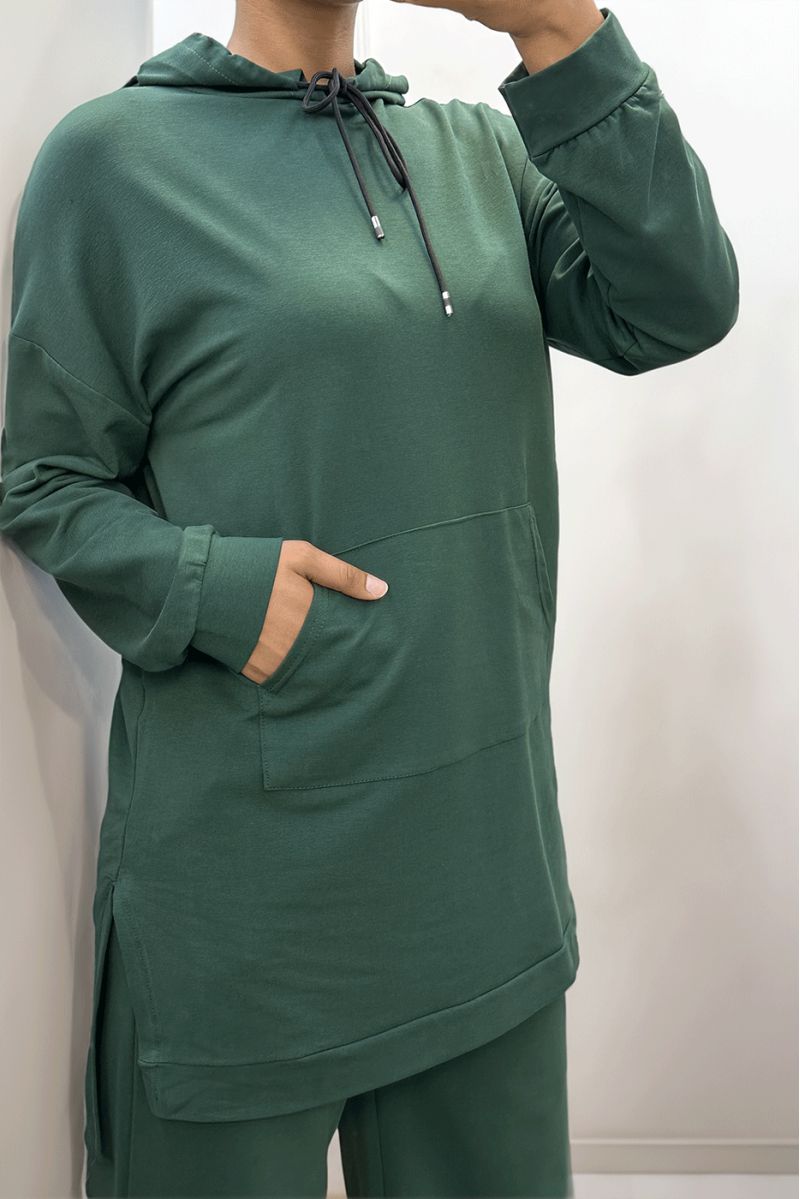 Long sweat à capuche vert avec poches en coton - 1