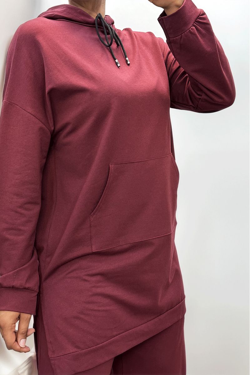 Long burgundy hoodie with cotton pockets - 1