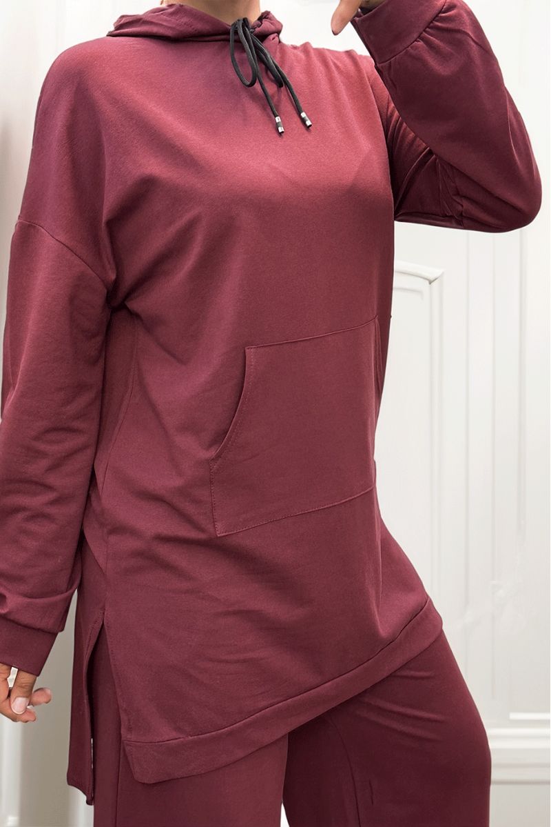 Long burgundy hoodie with cotton pockets - 2