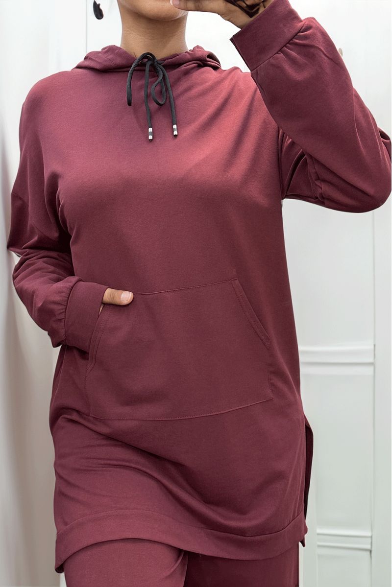 Long burgundy hoodie with cotton pockets - 3