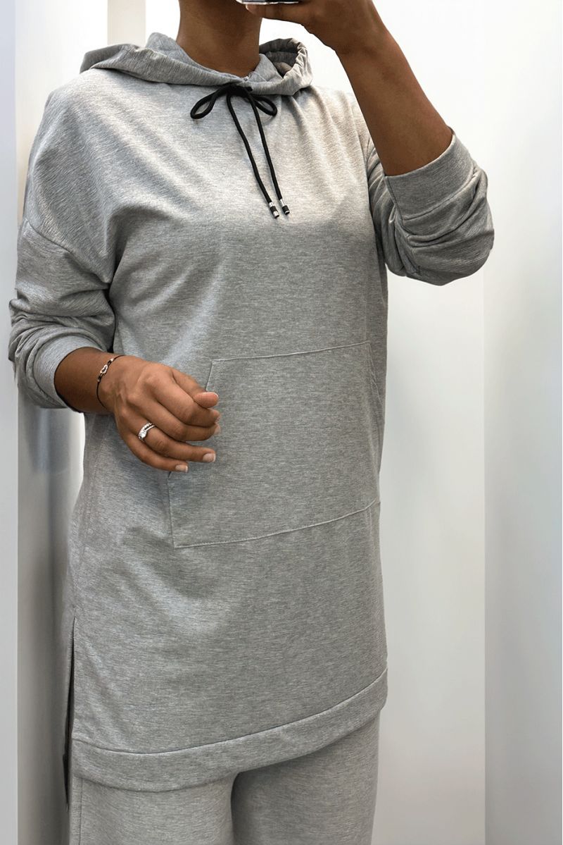 Long gray hoodie with cotton pockets - 2