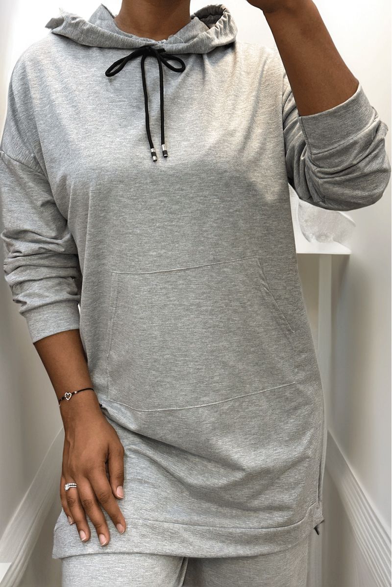 Long gray hoodie with cotton pockets - 3