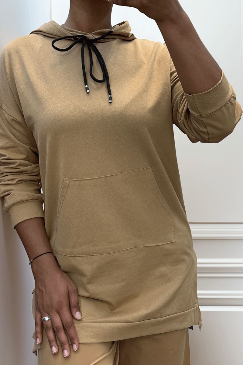 Long camel hooded sweatshirt with cotton pockets - 2