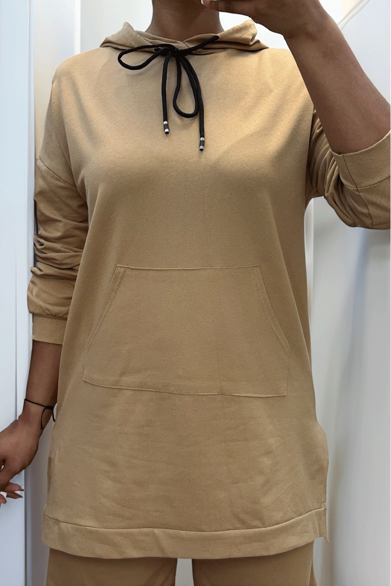 Long camel hooded sweatshirt with cotton pockets - 3