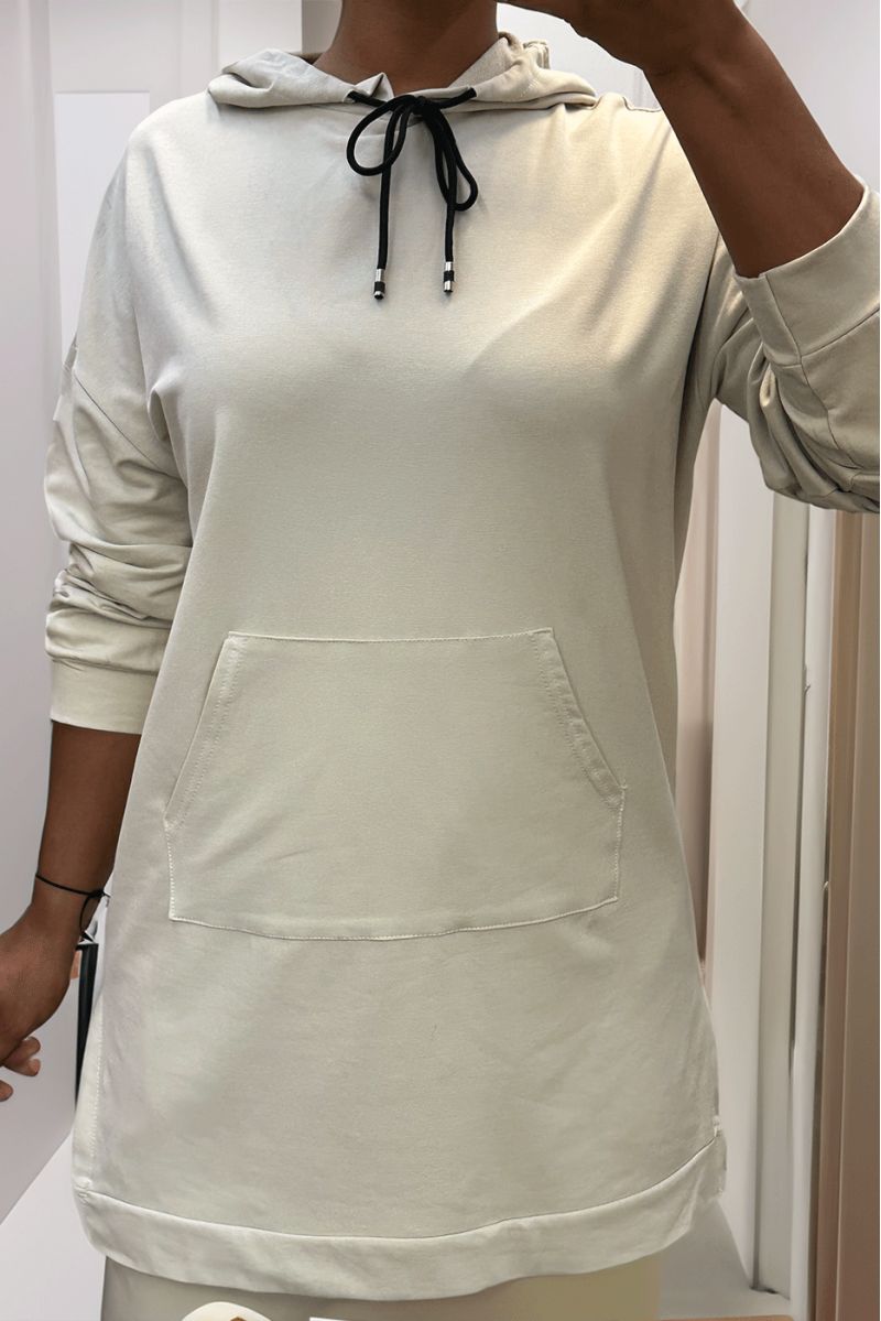 Long beige hoodie with cotton pockets - 3