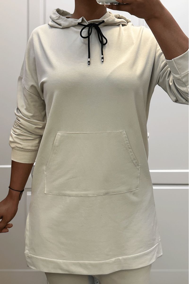 Long beige hoodie with cotton pockets - 4