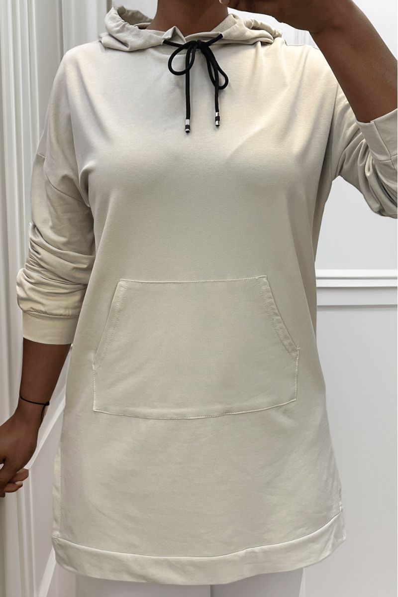 Long beige hoodie with cotton pockets - 5