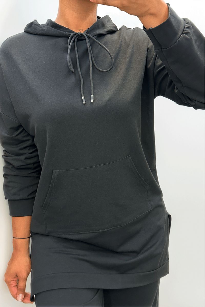 Long sweat à capuche noir avec poches en coton - 1