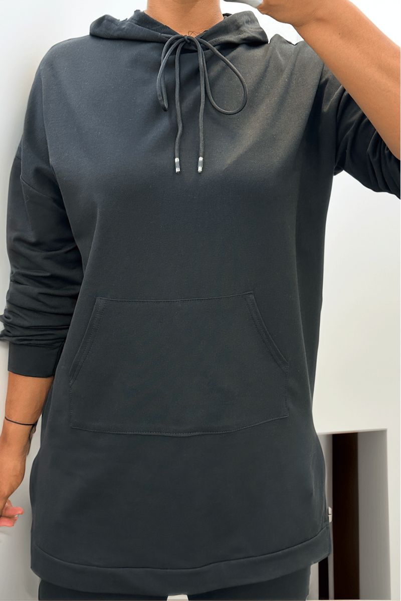 Long sweat à capuche noir avec poches en coton - 2