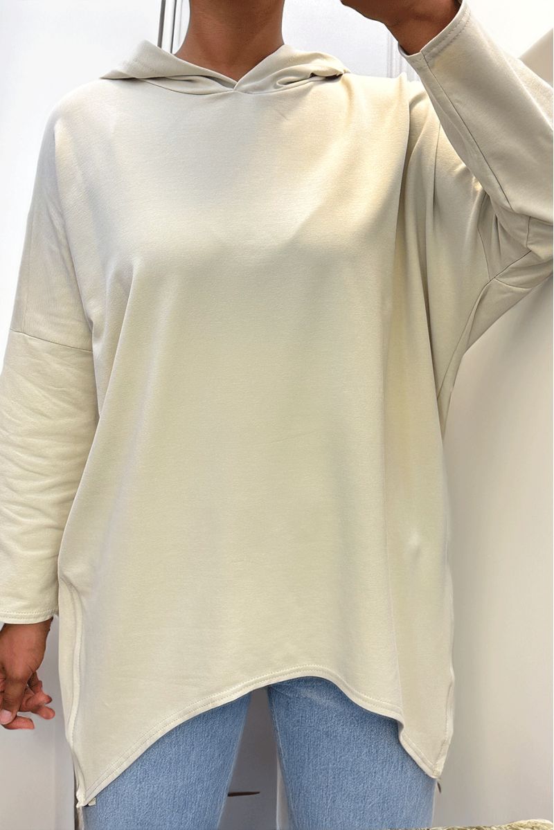 Beige sweatshirt met capuchon, asymmetrisch en los model met zijsluiting - 4