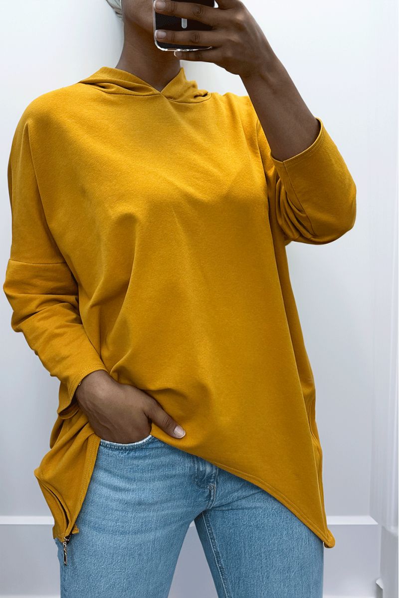 Mustard hooded sweatshirt with asymmetrical and loose style with side closure - 1