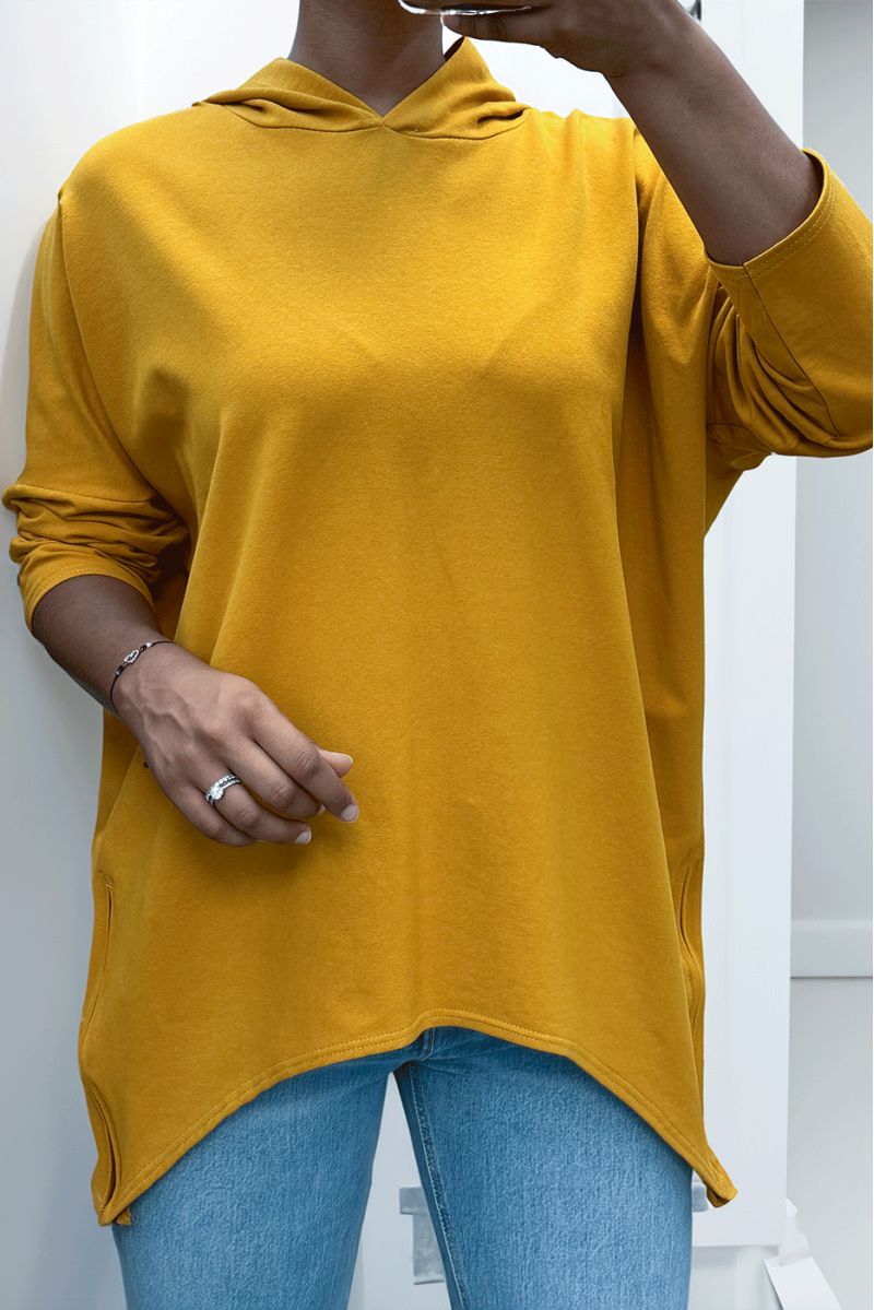 Mustard hooded sweatshirt with asymmetrical and loose style with side closure - 2