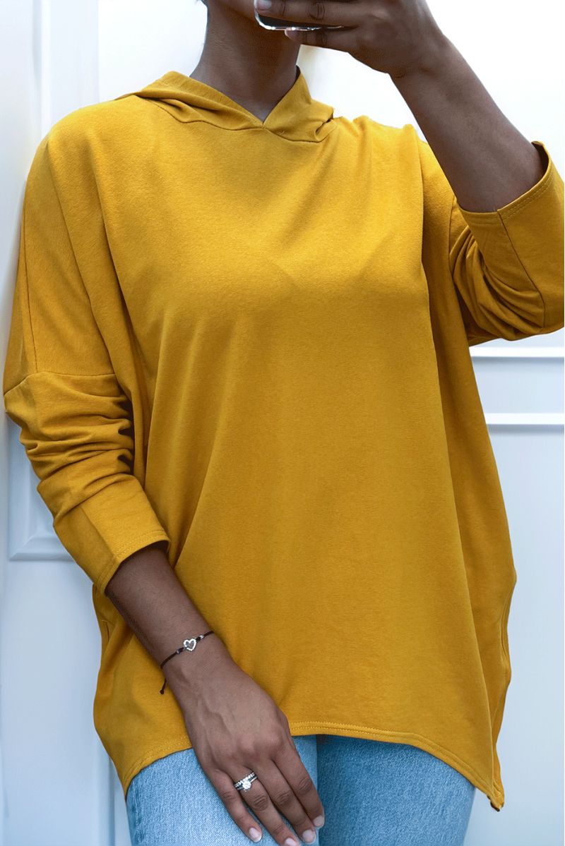 Mustard hooded sweatshirt with asymmetrical and loose style with side closure - 5