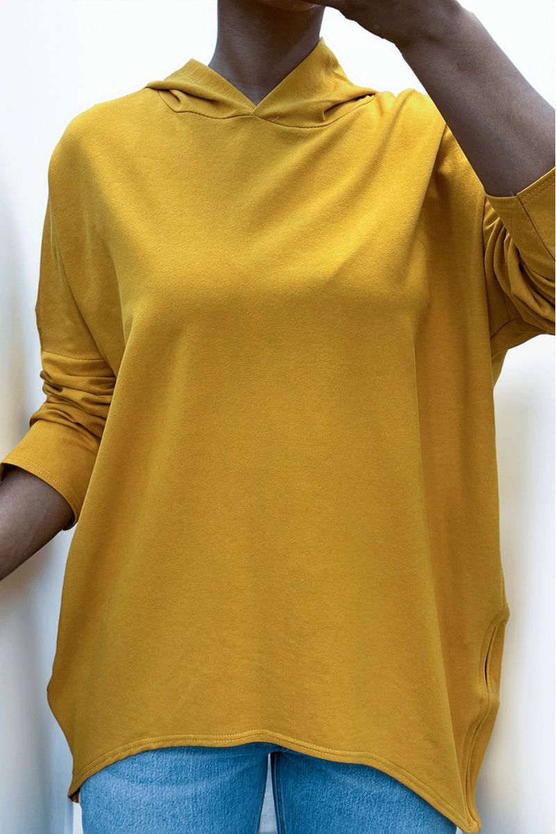 Mustard hooded sweatshirt with asymmetrical and loose style with side closure - 6