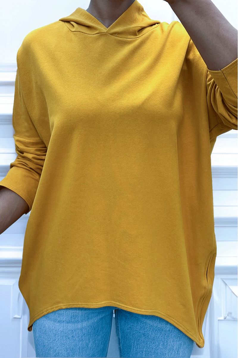 Mustard hooded sweatshirt with asymmetrical and loose style with side closure - 7