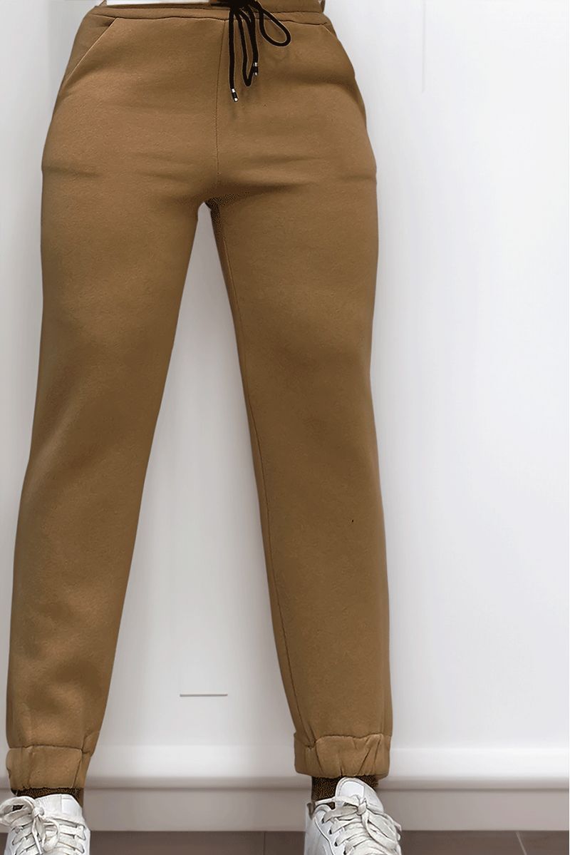 Ultra thick fleece joggers in camel with pockets - 1