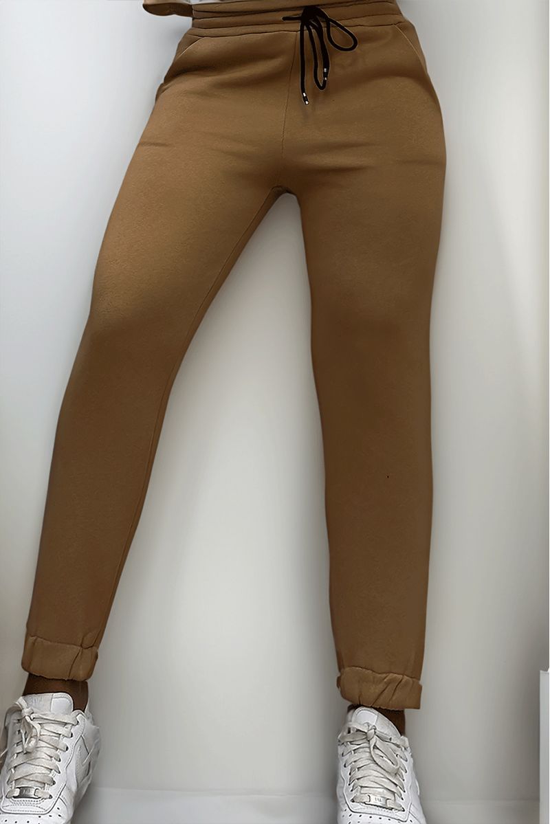 Ultra thick fleece joggers in camel with pockets - 2