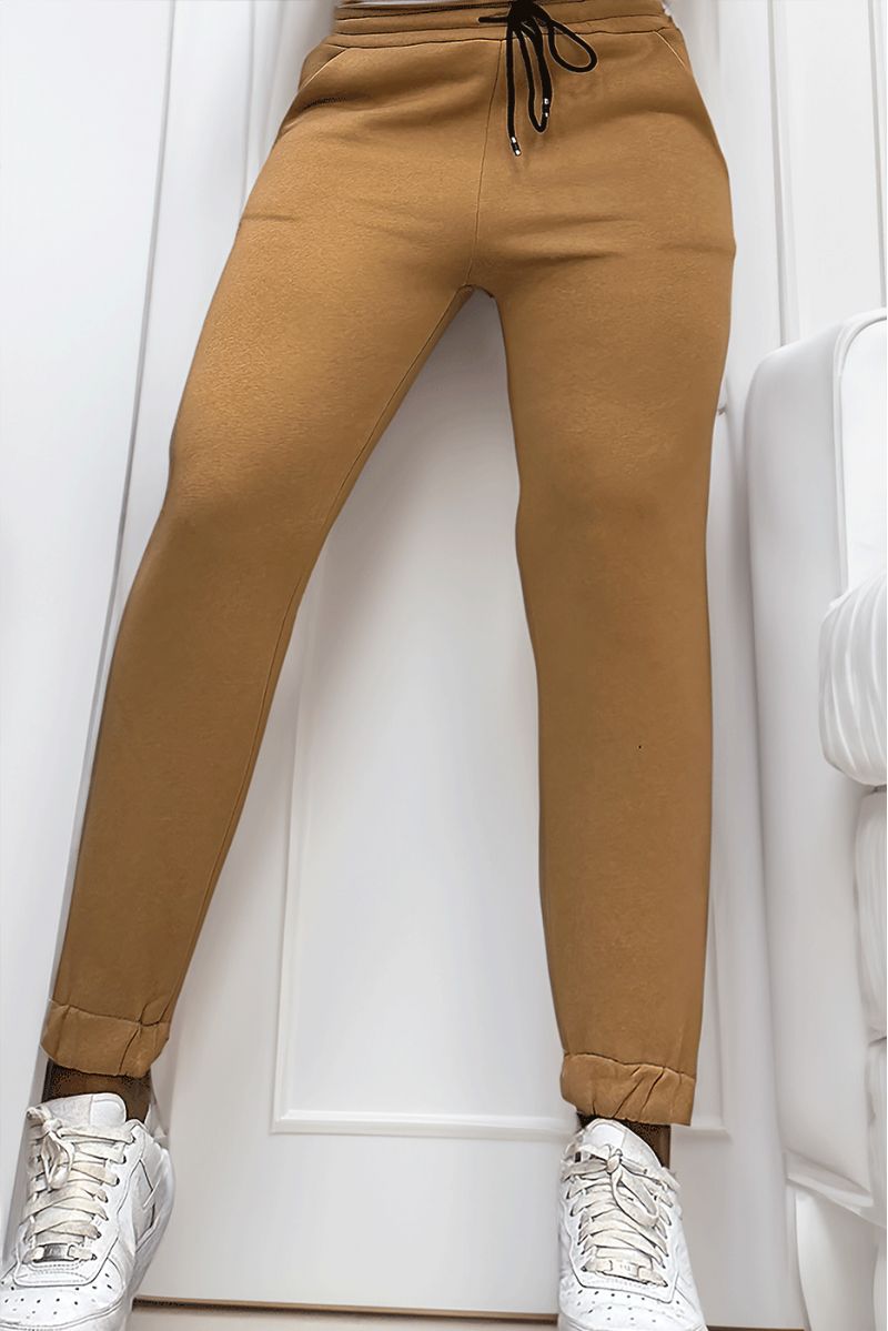 Ultra thick fleece joggers in camel with pockets - 3