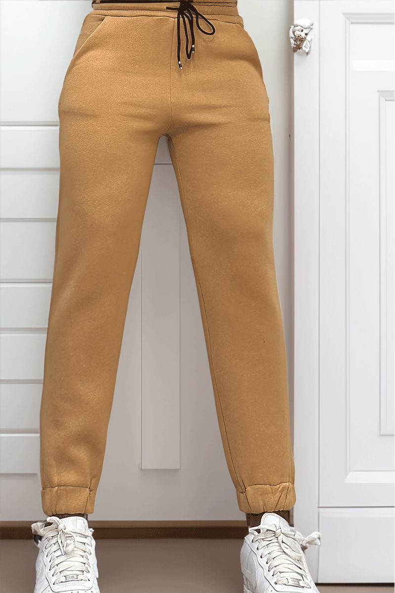 Ultra thick fleece joggers in camel with pockets - 4