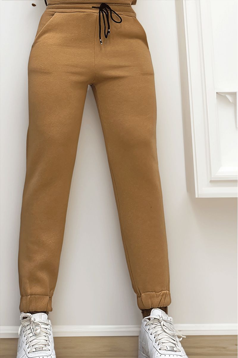 Ultra thick fleece joggers in camel with pockets - 5