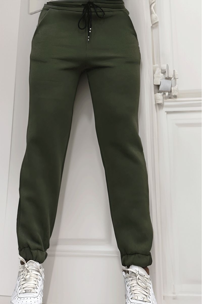 Ultra thick fleece joggers in khaki with pockets - 1