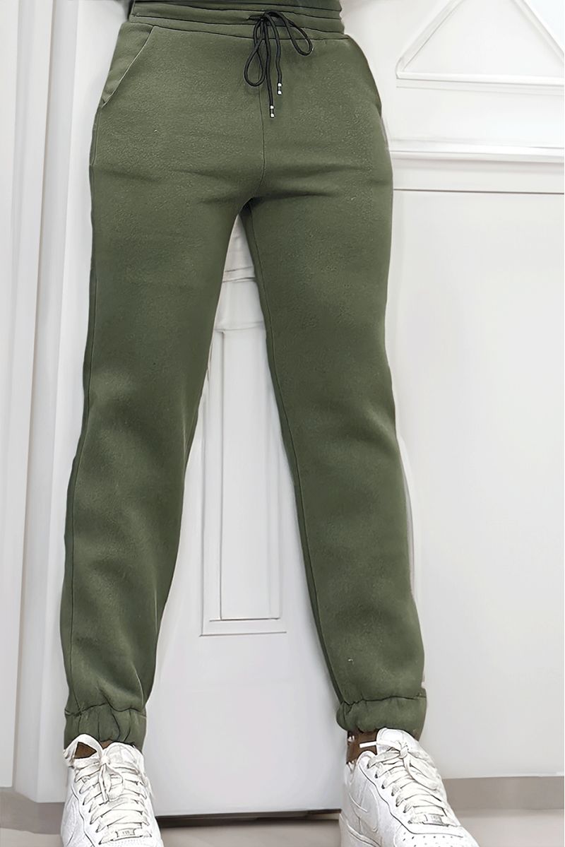 Ultra thick fleece joggers in khaki with pockets - 2