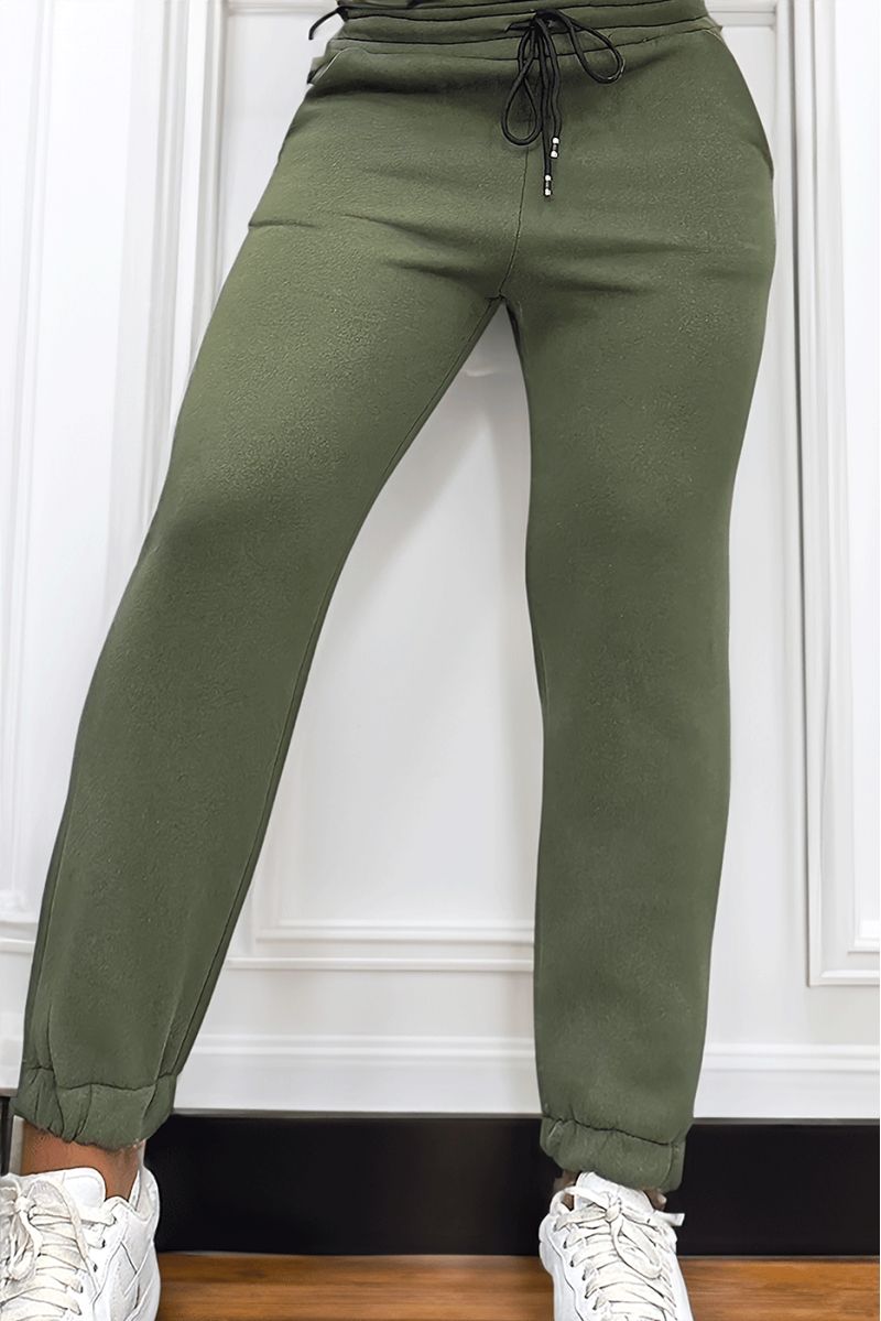 Ultra thick fleece joggers in khaki with pockets - 3
