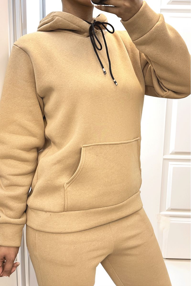 Ultradik fleece sweatshirt in camel met zakken - 1