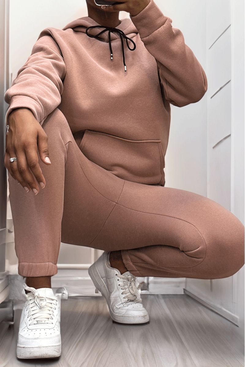Ensemble sweat et jogging molletonné ultra épais en rose avec poches - 1