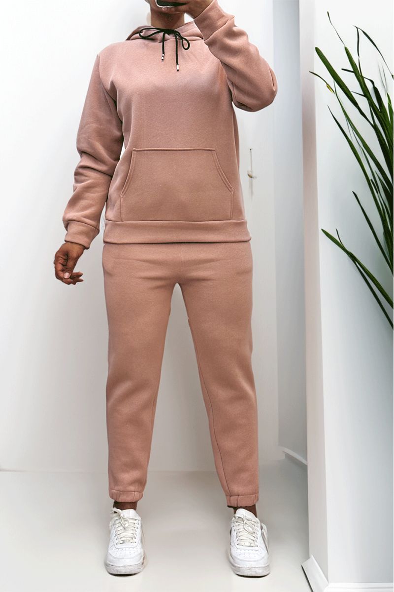 Ultra thick fleece sweatshirt and jogger set in pink with pockets - 3