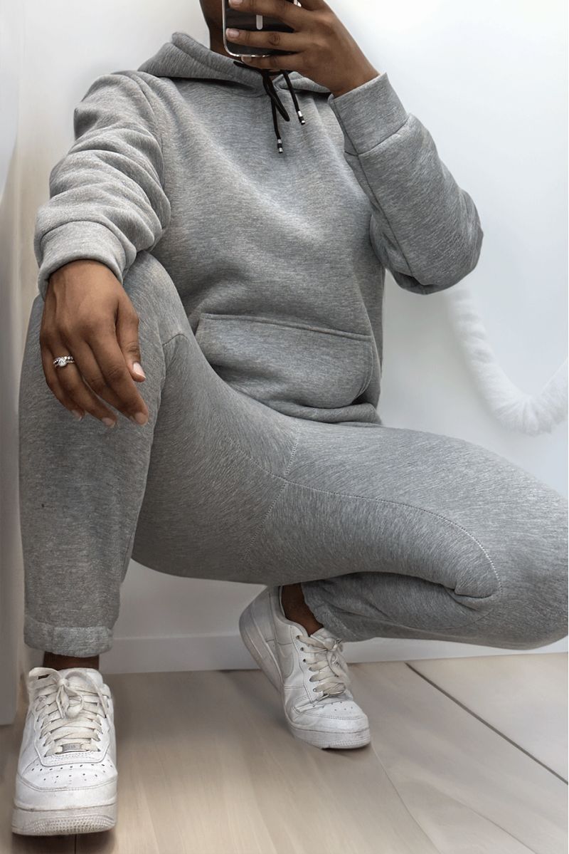Ultra thick fleece sweatshirt and jogging set in gray with pockets - 1