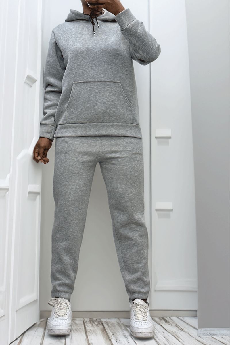 Ultra thick fleece sweatshirt and jogging set in gray with pockets - 2