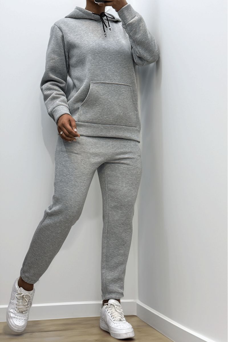 Ultra thick fleece sweatshirt and jogging set in gray with pockets - 3