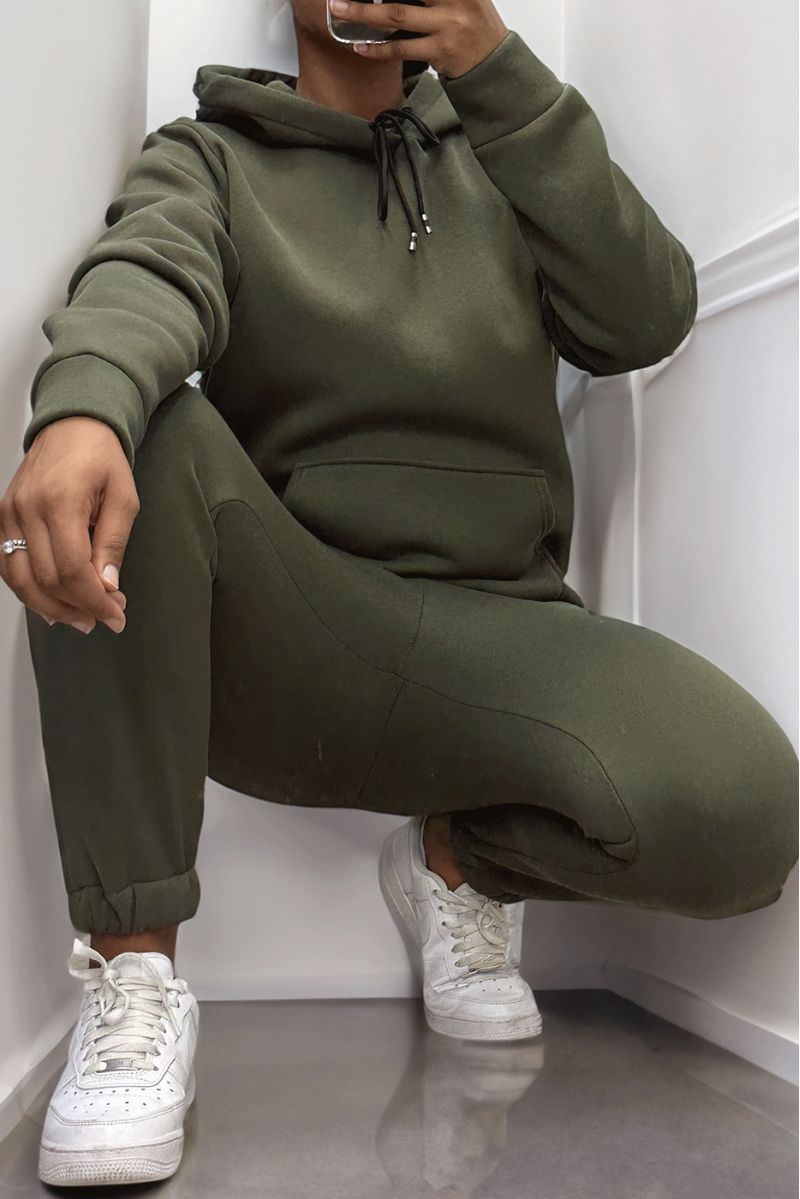 Ultra thick fleece sweatshirt and jogging set in khaki with pockets - 1