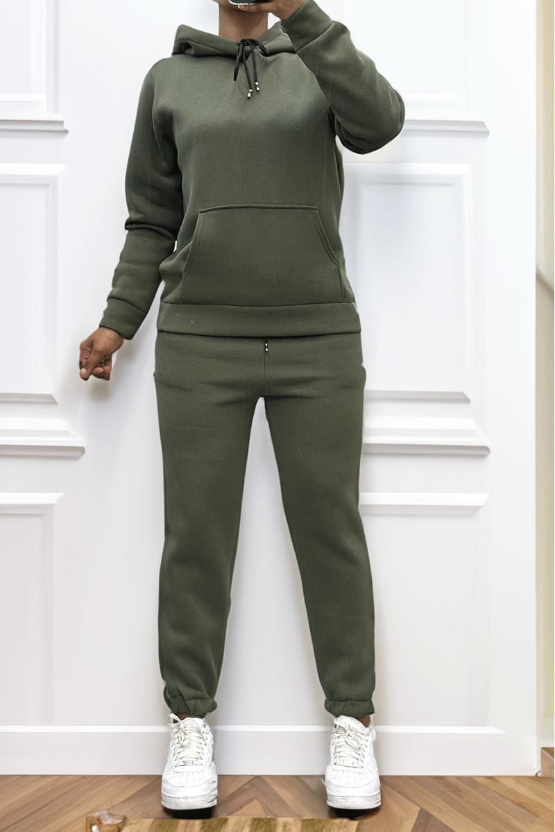 Ultra thick fleece sweatshirt and jogging set in khaki with pockets - 2