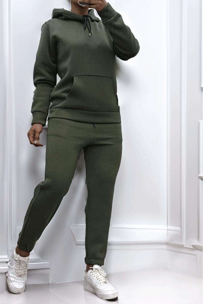 Ultra thick fleece sweatshirt and jogging set in khaki with pockets - 3