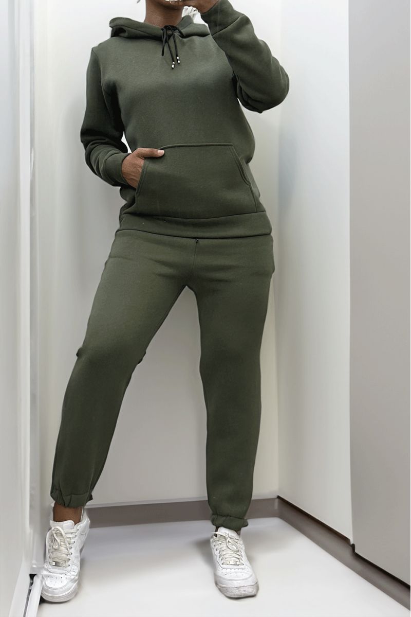Ultra thick fleece sweatshirt and jogging set in khaki with pockets - 4