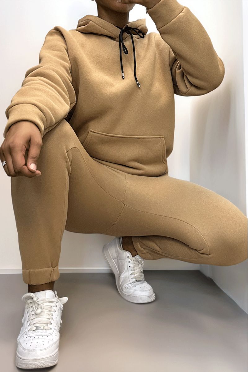 Ultra thick fleece sweatshirt and jogging set in camel with pockets - 1