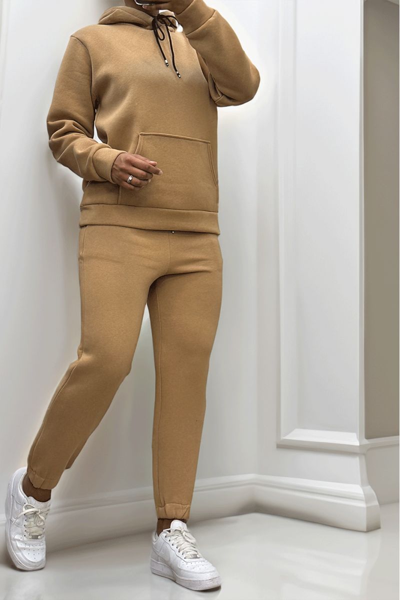 Ultra thick fleece sweatshirt and jogging set in camel with pockets - 2