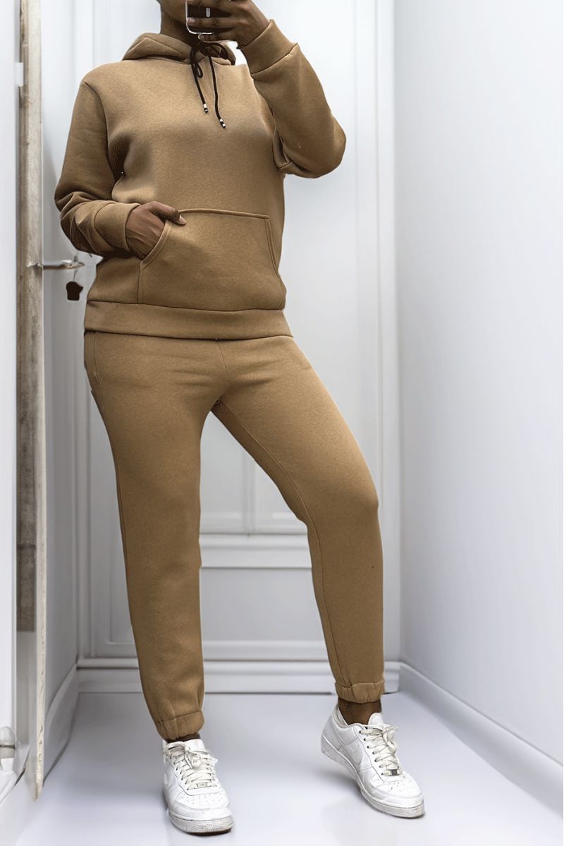 Ultra thick fleece sweatshirt and jogging set in camel with pockets - 3