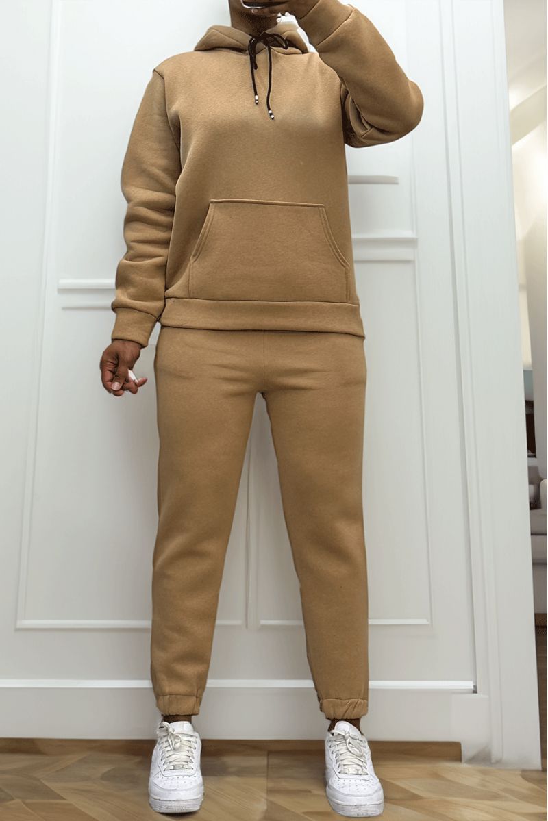 Ultradikke fleece sweatshirt en joggingset in camel met zakken - 4