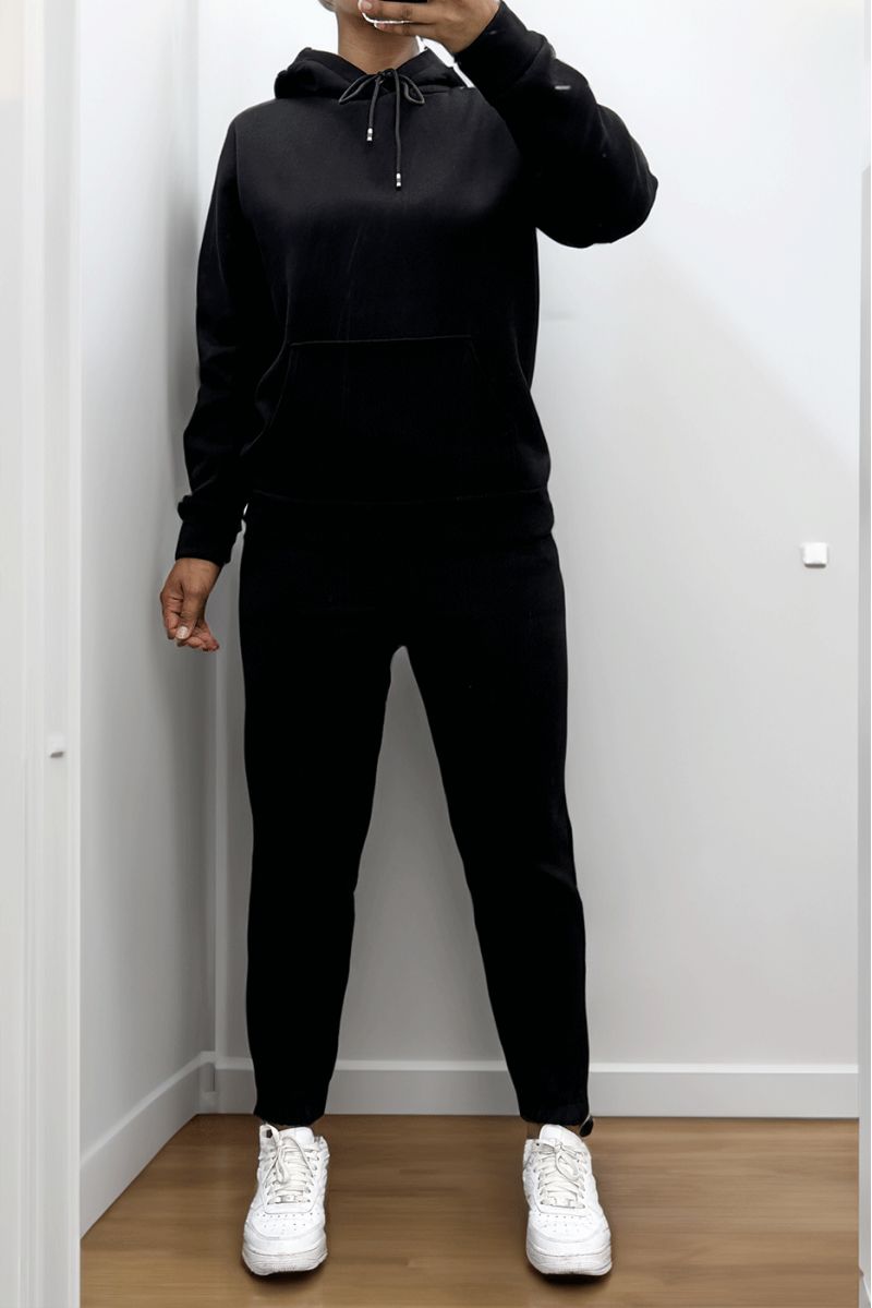 Ultra thick fleece sweatshirt and jogger set in black with pockets - 1