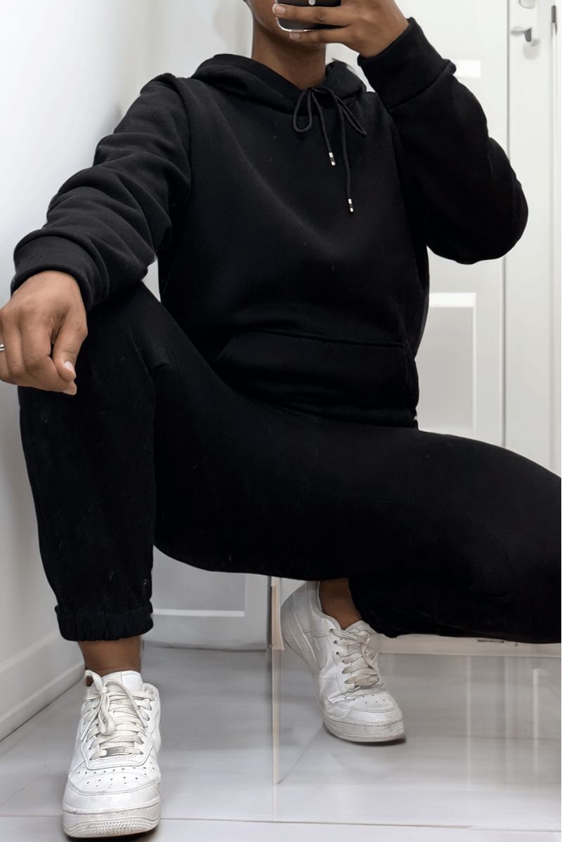 Ultra thick fleece sweatshirt and jogger set in black with pockets - 2