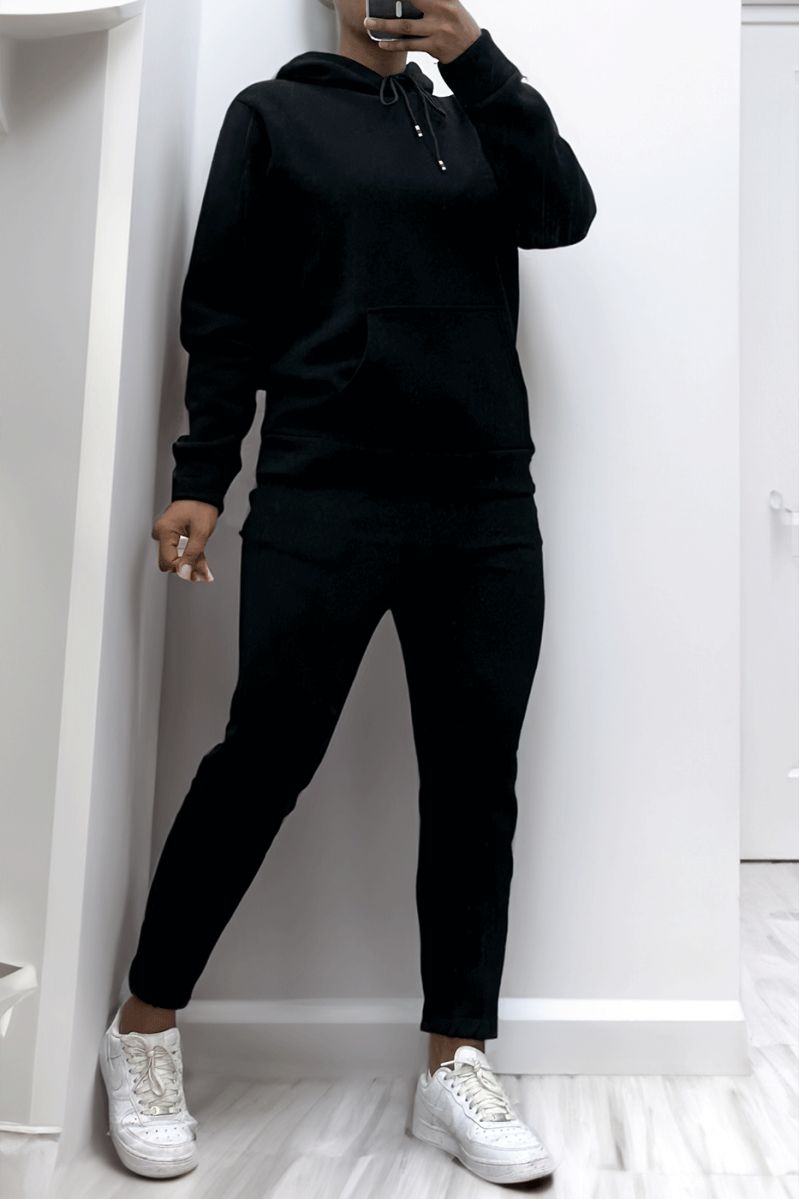 Ultra thick fleece sweatshirt and jogger set in black with pockets - 3