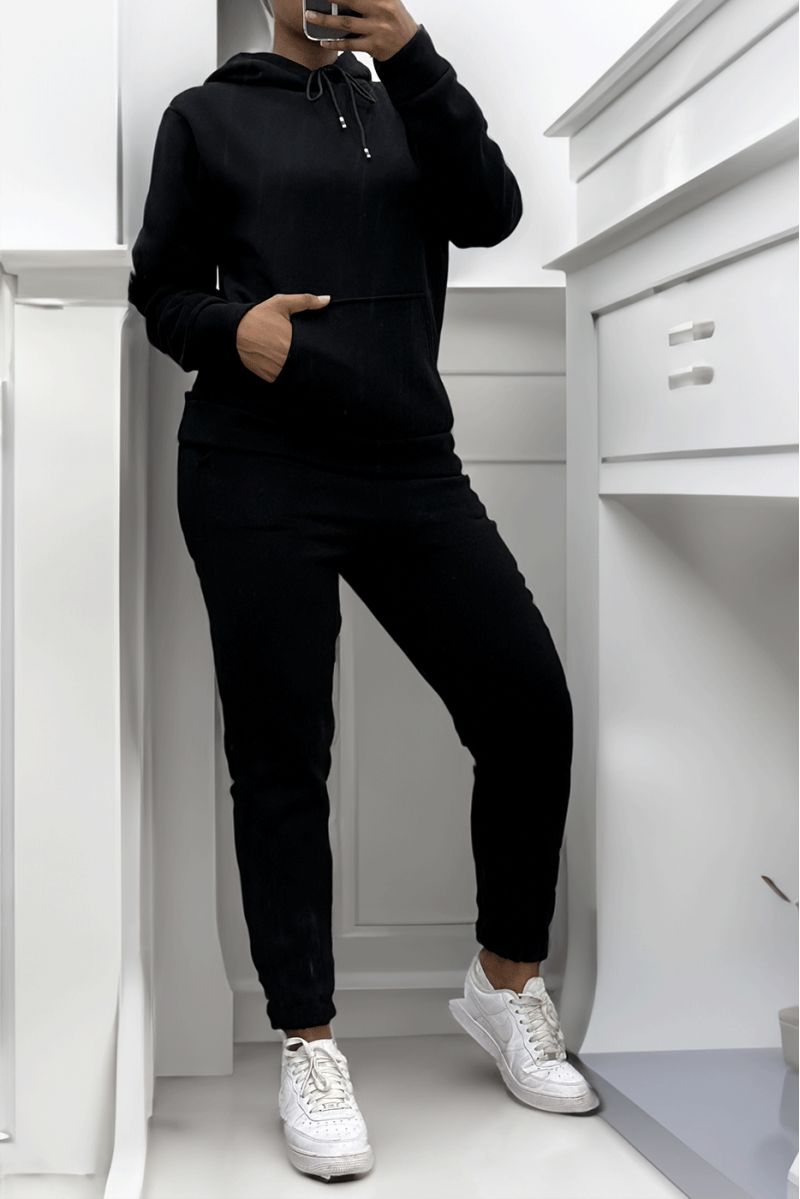 Ultra thick fleece sweatshirt and jogger set in black with pockets - 4
