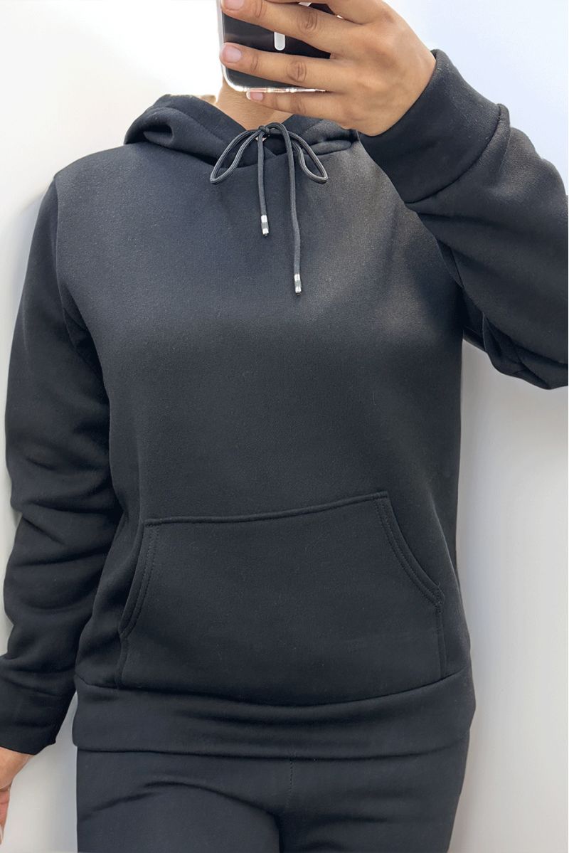 Ultra thick fleece sweatshirt in black with pockets - 3