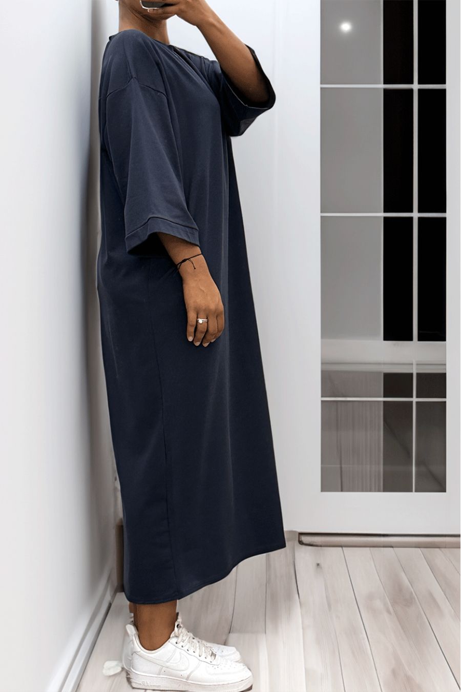 Longue robe over size en coton marine très épais - 1